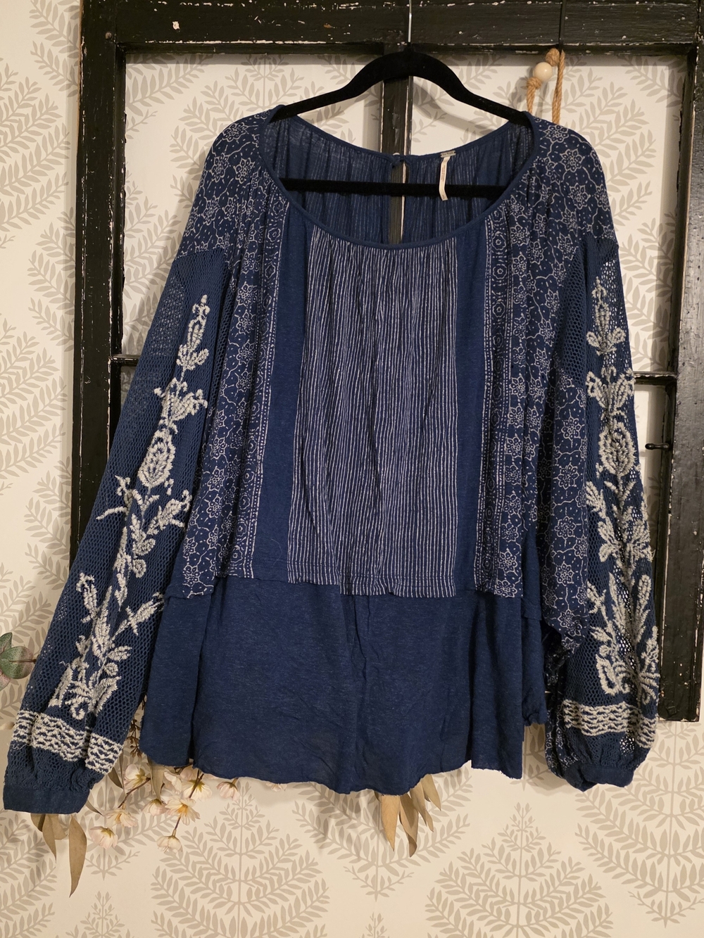 Free People Navy Blue Embroidered Boho Blouse